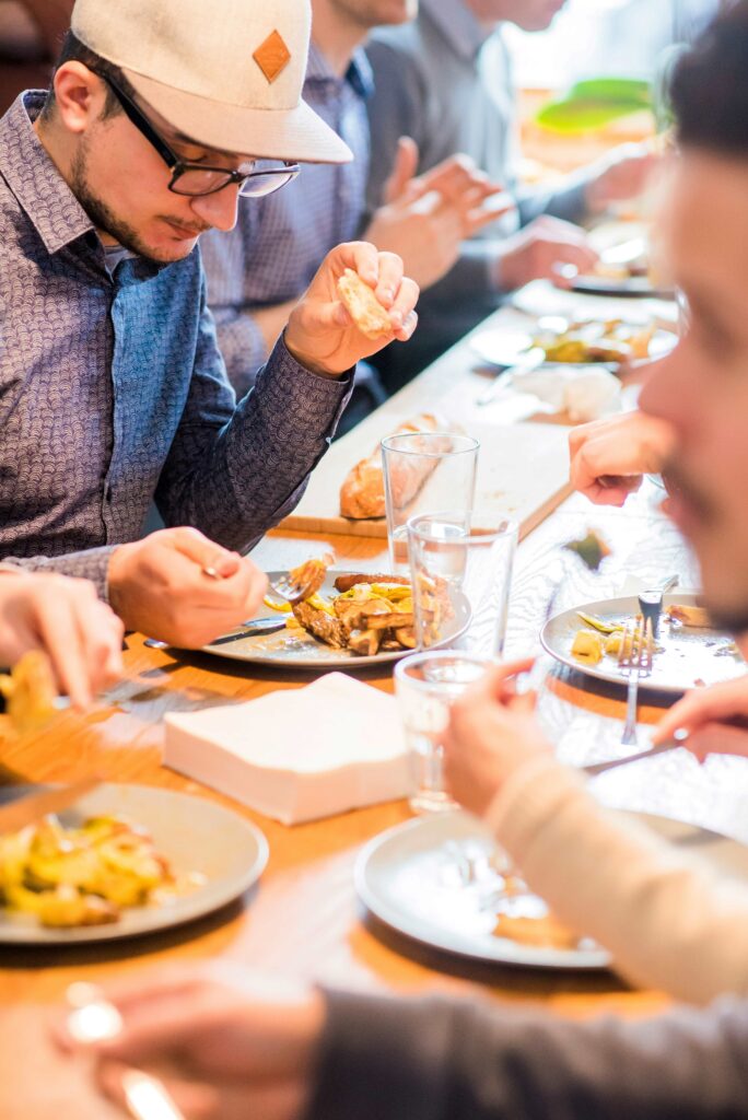 Team lunch with balanced meals to promote workplace nutrition and employee health